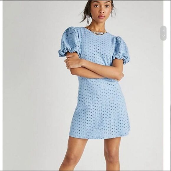 Free People - Apricot Rose Puff Sleeve Eyelet Light Blue Dress - Picture 2 of 6